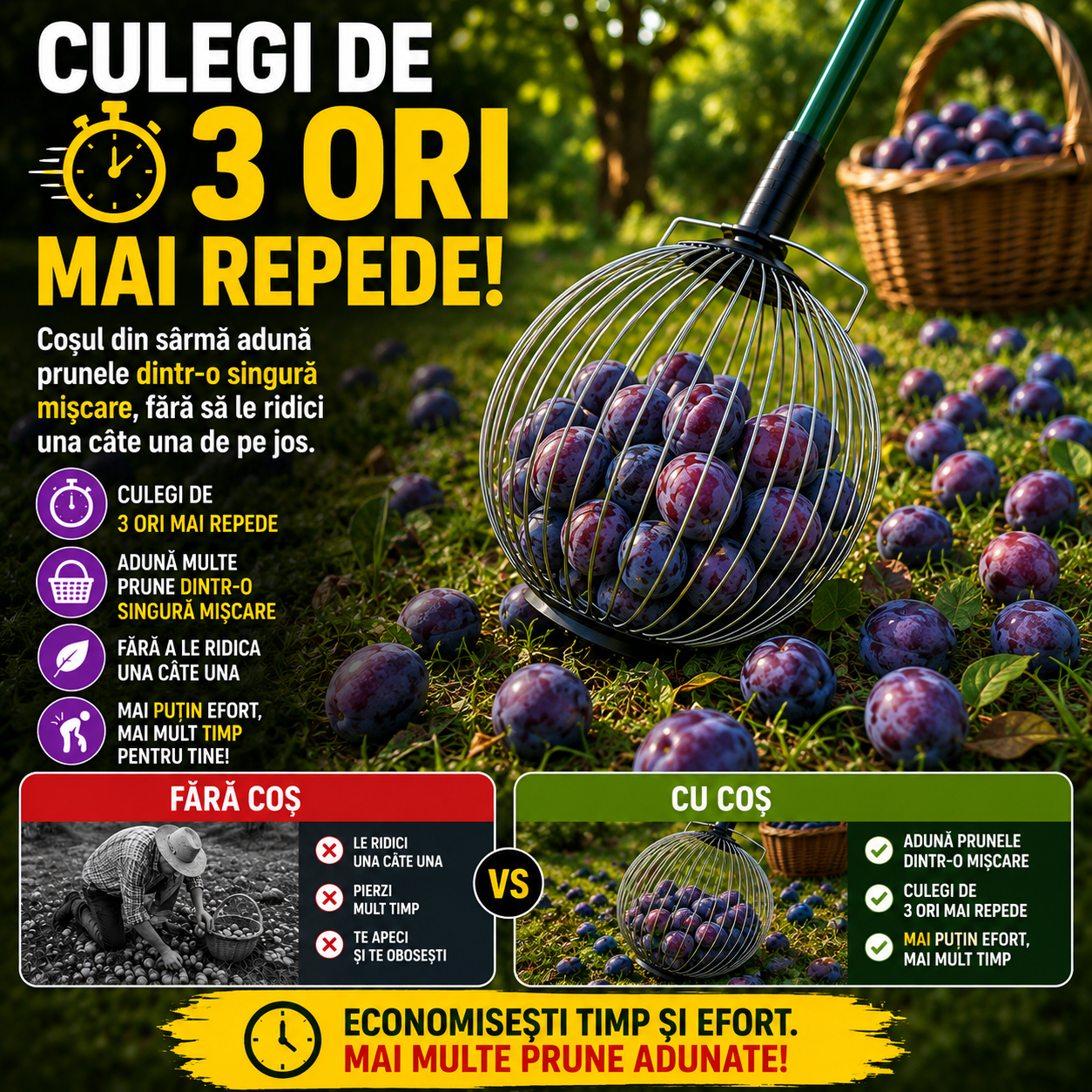 Culegǎtor manual pentru nuci, prune, mere, castane şi alune