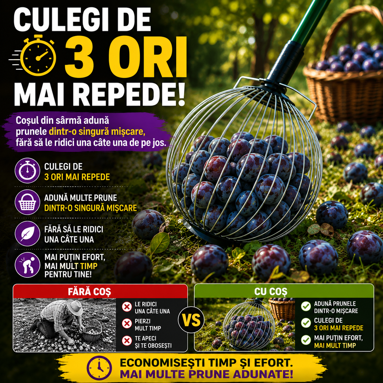 Culegǎtor manual pentru nuci, prune, mere, castane şi alune