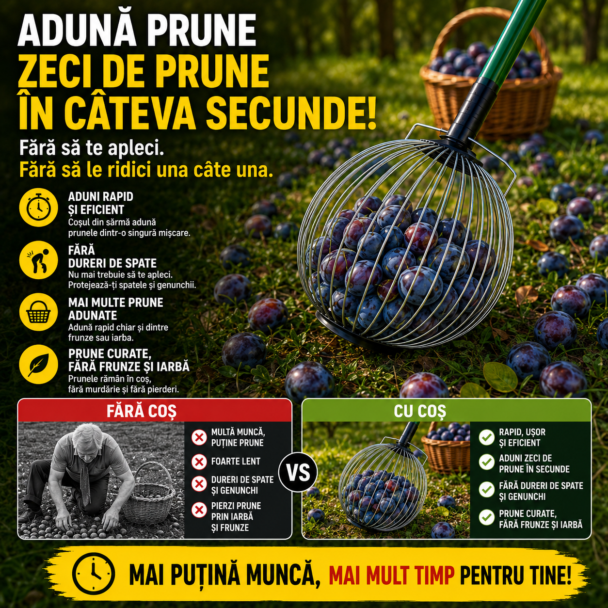 Culegǎtor manual pentru nuci, prune, mere, castane şi alune