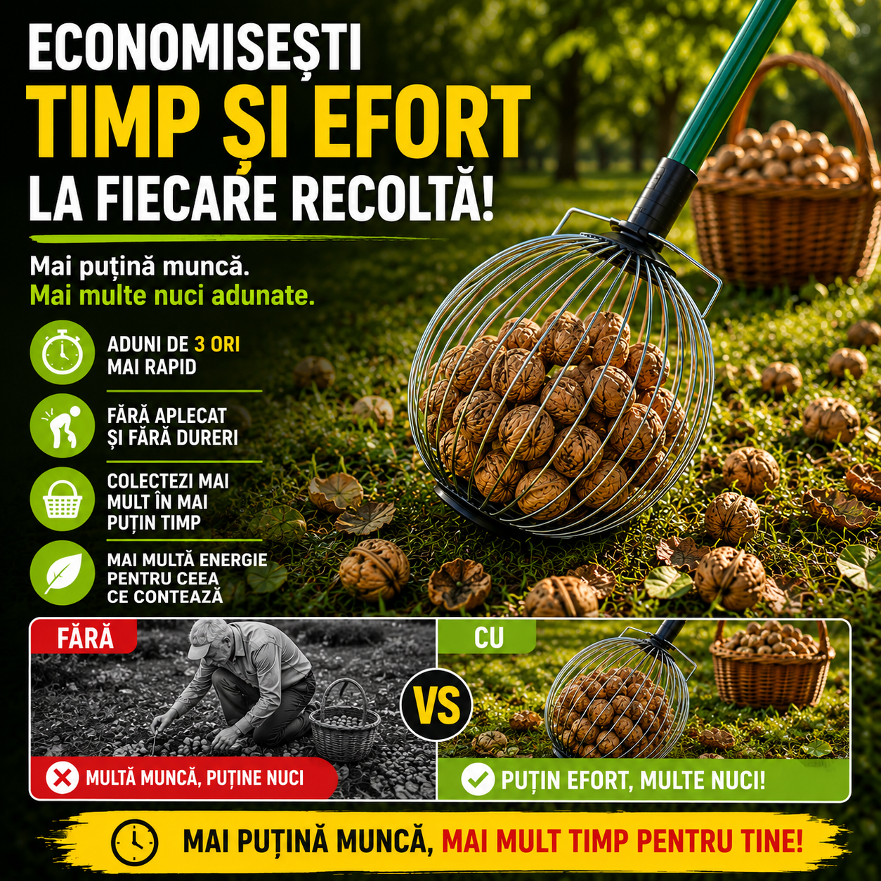 Culegǎtor manual pentru nuci, prune, mere, castane şi alune