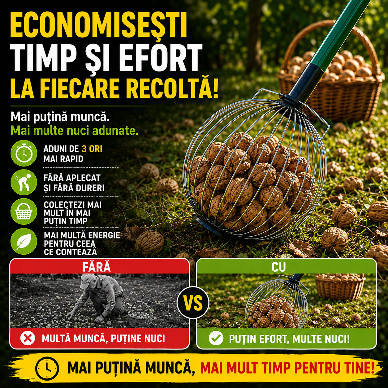 Culegǎtor manual pentru nuci, prune, mere, castane şi alune
