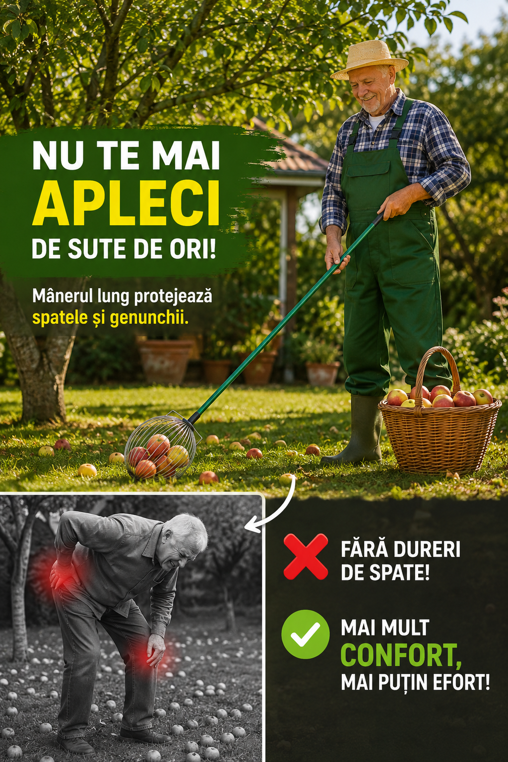 Culegǎtor manual pentru nuci, prune, mere, castane şi alune