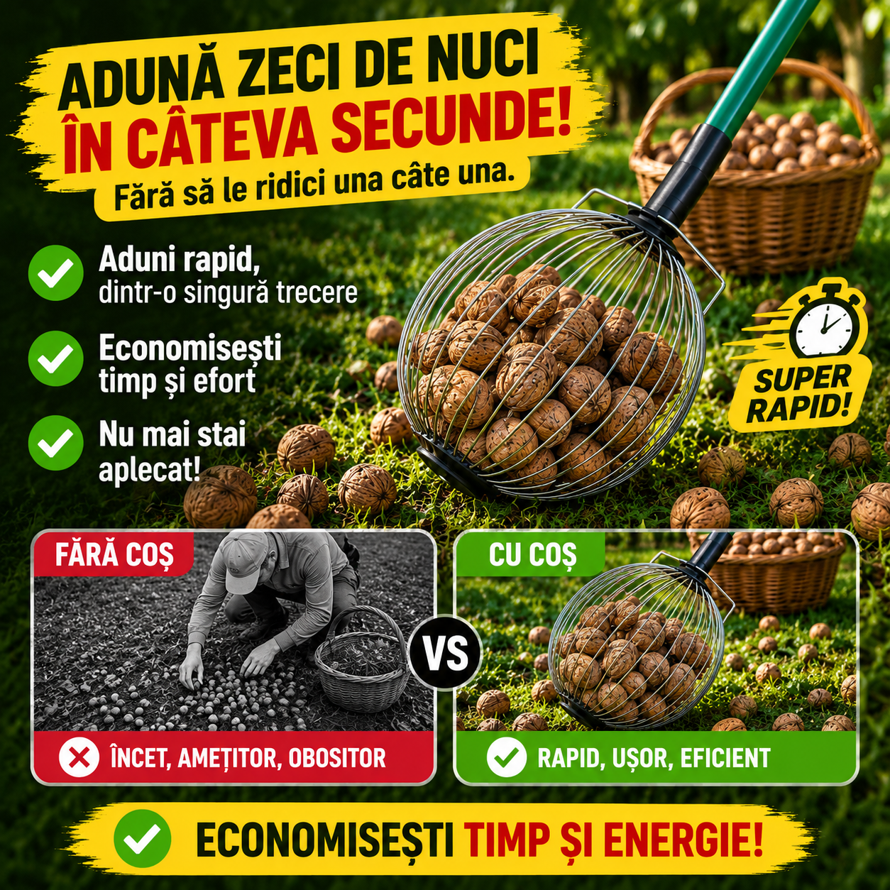 Culegǎtor manual pentru nuci, prune, mere, castane şi alune